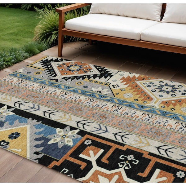 Homeroots 10' X 14' Black Ivory And Copper Aztec Washable Indoor Outdoor Area Rug 598459 - main
