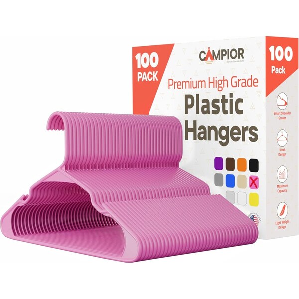 Campior Premium Pink Clothes Hangers, Slim, Durable, with Shoulder Grooves for Coats and Laundry, 100PK CMPPLH100PK - main