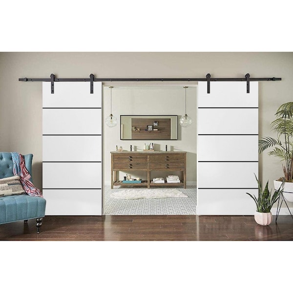 Sartodoors Sturdy Double Barn Door with Hardware, Planum 0015 White Silk and Aluminum Strips, 13FT Rail Hanger PLANUM0015DB-WS-48 - main