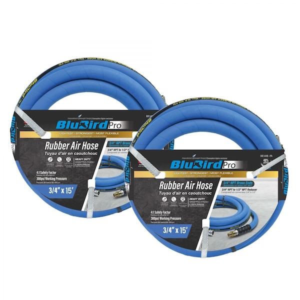 Blubird Pro Rubber Air Hose 3/4in. x 15', 300 PSI, EPDM, Brass Fittings, 2PK BBPRO3415-2pk - main