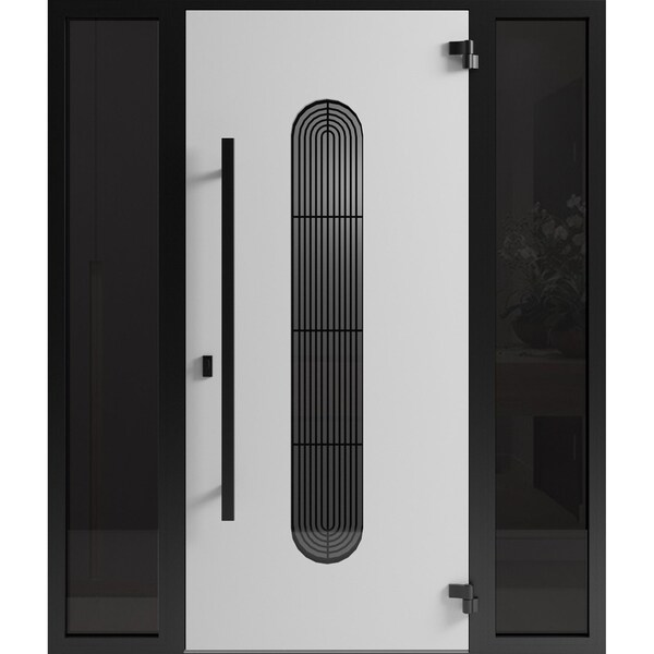 Vdomdoors Front Exterior Aluminum Door Ronex0521 Black Prehung Entry Steel Metal Modern Painted W14+36+14xH80 RONEX0521EXD-BLK-W14+36+14xH80-RH-I - main