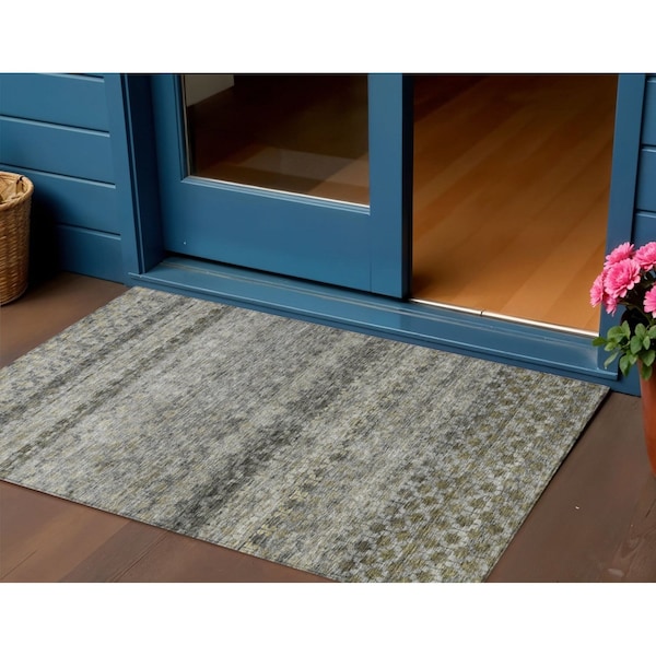 Homeroots 3' X 5' Pewter And Green Striped Washable Indoor Outdoor Area Rug 605699 - main