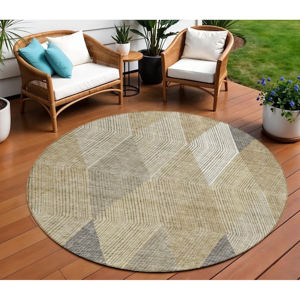 Homeroots 8' Wheat Taupe And Ivory Round Argyle Washable Indoor Outdoor Area Rug 613743 - main