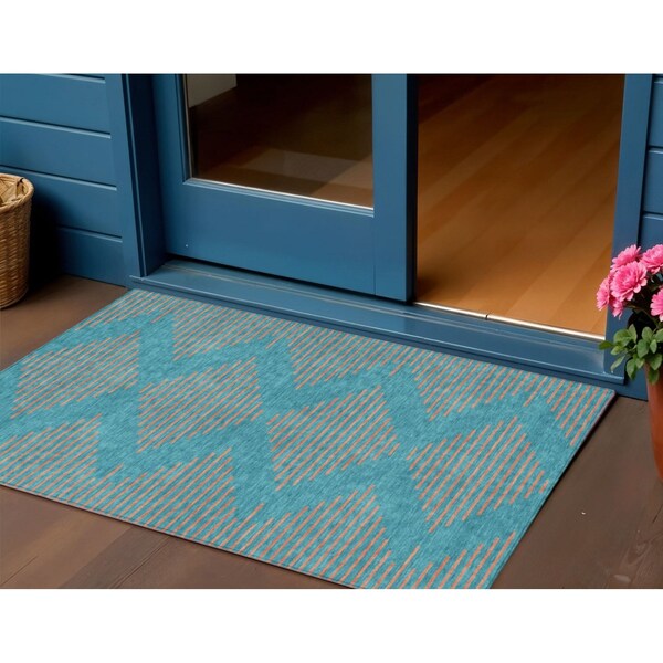 Homeroots 3' X 5' Teal Blue And Pink Geometric Washable Indoor Outdoor Area Rug 598788 - main
