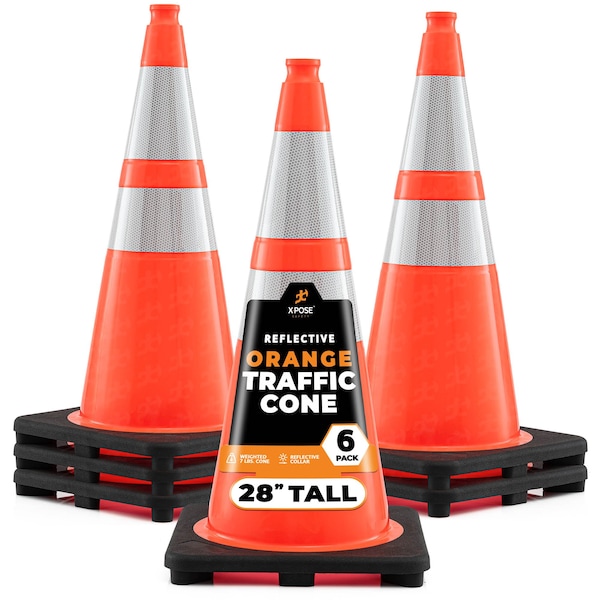 Xpose Safety Traffic Safety Cone, 28 in, PVC, Dual 6 in & 4 in Reflective Collar, DOT Approved, Orange, 6 pk OTC28-64-6-X-S - main
