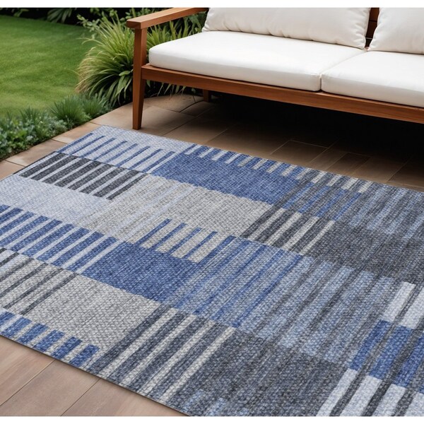 Homeroots 8' X 10' Denim Blue And Navy Blue Striped Washable Indoor Outdoor Area Rug 581692 - main