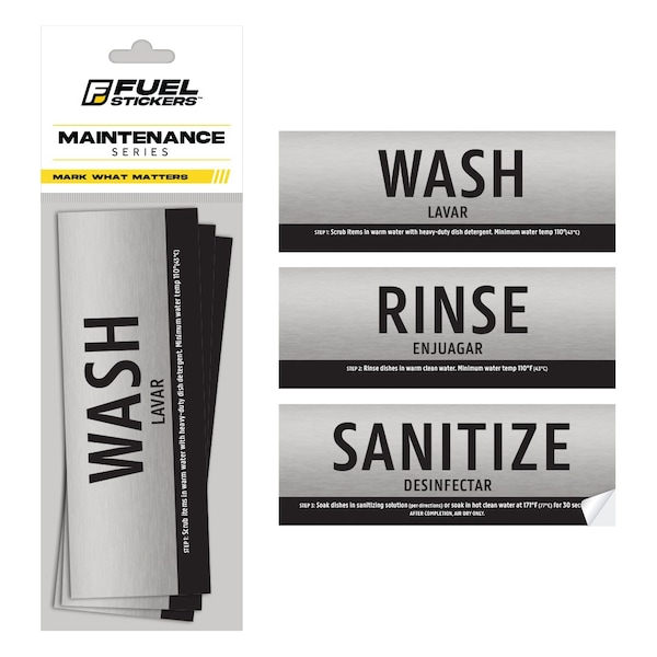 Fuel Stickers Wash Rinse Sanitize Sink Labels, Brushed, 3 Compartment Sink Stickers, 6in x 2in, 1 Set, PR WRS-BRUSHED-1 - main