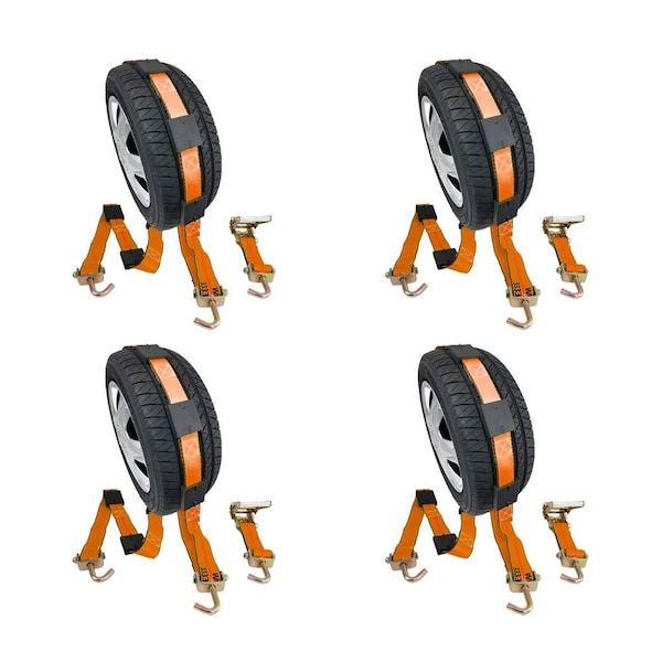 Mytee Products 2in x 9ft Ratchet Tire Strap w/ Swivel J Hooks & Rubber Pads, 4PK RST-209SHRB-HD-ORx4 - main