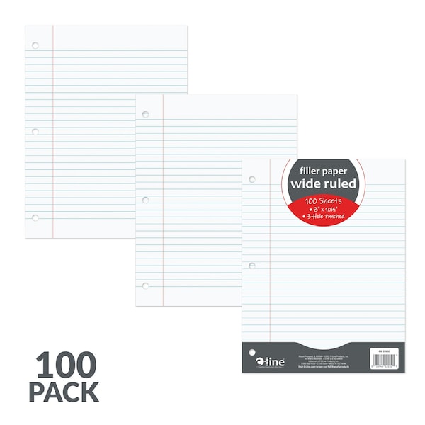 C-Line Products 8" x 10-1/2" White Wide Ruled Notebook Filler Paper, 100/PK, 36PK/CT 22032-CT - main