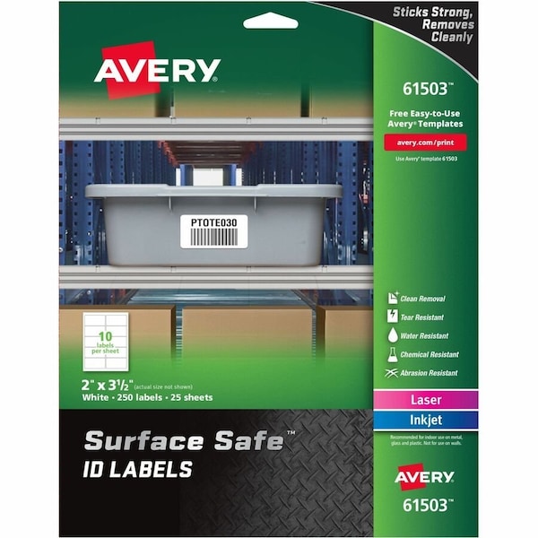 Avery Surface Safe ID Labels, Inkjet/Laser, 2 x 3 1/2, White, PK250 61503 - main