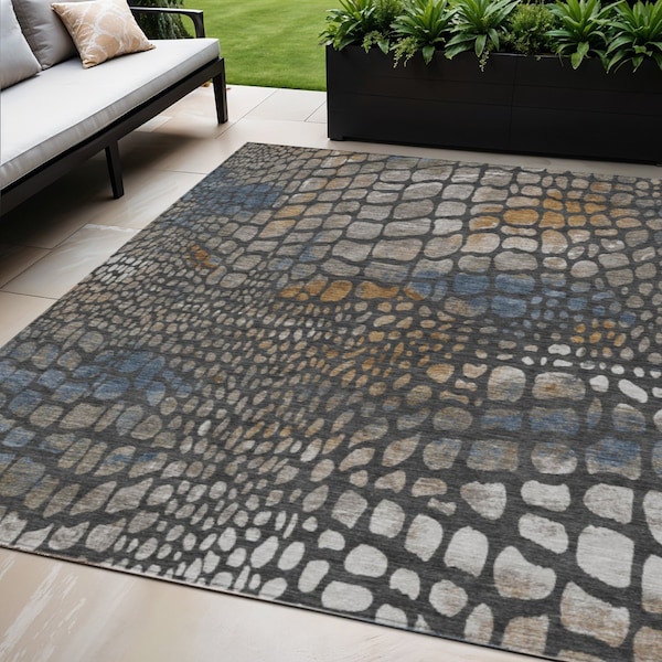 Homeroots 5' X 8' Charcoal Brown And Copper Abstract Washable Indoor Outdoor Area Rug 596783 - main