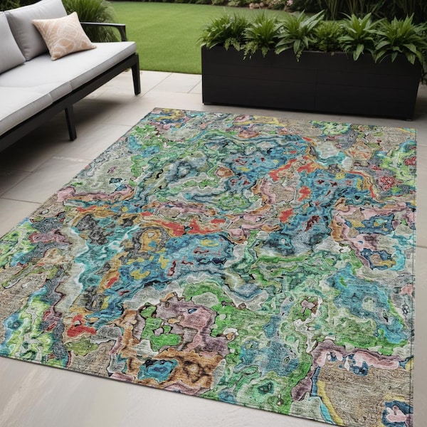 Homeroots 5' X 8' Orange And Teal Blue Abstract Washable Indoor Outdoor Area Rug 588457 - main