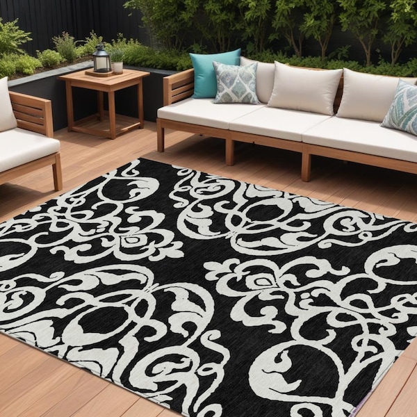 Homeroots 8' X 10' Black And Ivory Damask Washable Indoor Outdoor Area Rug 614410 - main