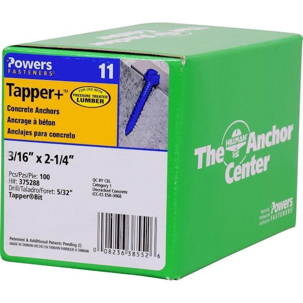 Hillman Tapper 3/16 in. D X 2.25 in. L Steel Hex Head Concrete Screw Anchor, 100PK 375288 - main