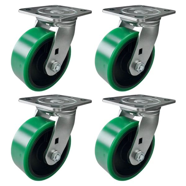 Hyw Products Heavy Duty Caster Set 5in Green Polyurethane on Cast Iron Wheels, 4 Swivel, 4PK 40-50S-A1-PC-4 (G) - main