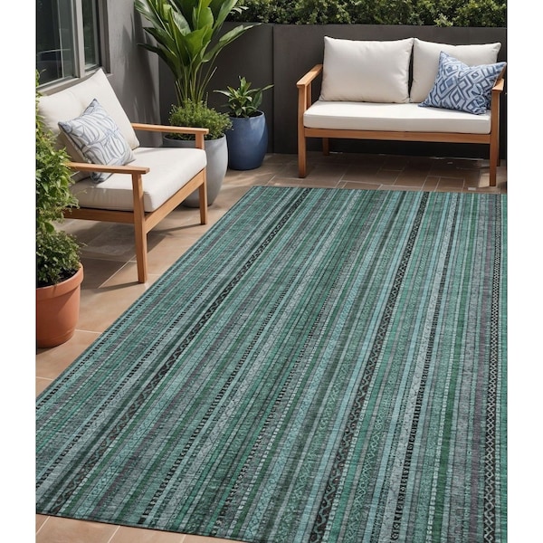 Homeroots 5' X 8' Teal Blue Aqua And Gray Striped Washable Indoor Outdoor Area Rug 616389 - main