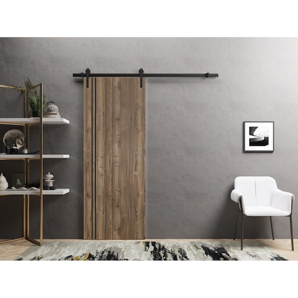Sartodoors Sliding Barn Door with Hardware, Planum 0016 Walnut and Aluminum Strips, 6.6FT Rail Hangers Sturdy PLANUM0016BD-B-WLN-2484 - main