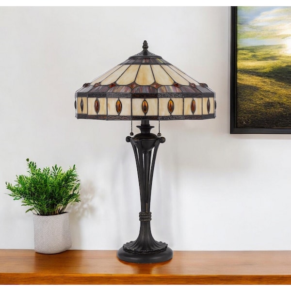 Homeroots 26" Black Metal Two Light Candlestick Table Lamp With Ivory and Red Dome Shade 524749 - main