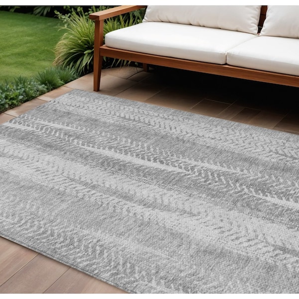 Homeroots 8' X 10' Silver Gray And Graphite Botanical Leaves Washable Indoor Outdoor Area Rug 581993 - main