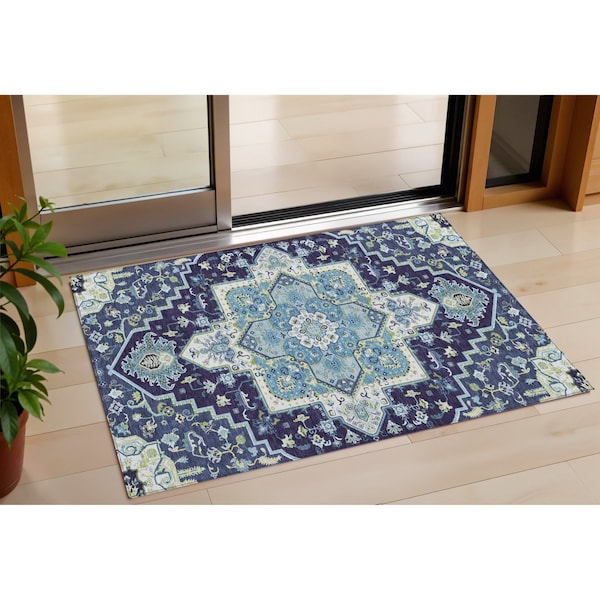 Homeroots 3' X 5' Navy Blue Ivory And Black Oriental Washable Indoor Outdoor Area Rug 600168 - main