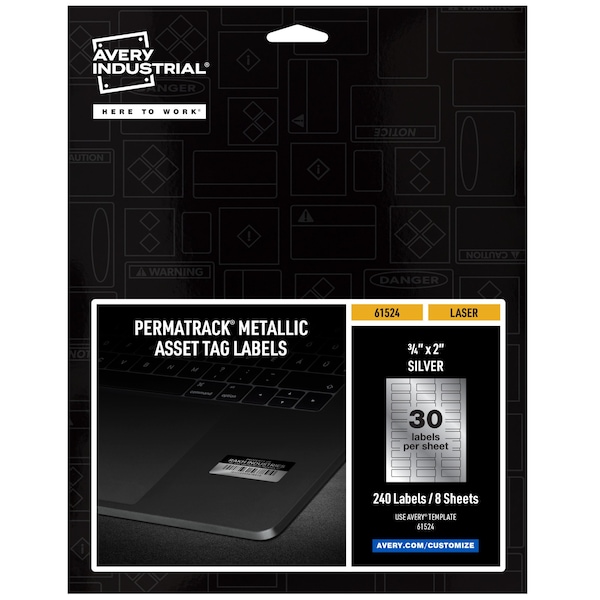 Avery Durable Metallic Asset Tag Labels, PK240, Film, 9.44 in W, 3/4" x 2" Dia., Silver, Rectangle, 240 PK 61524 - main