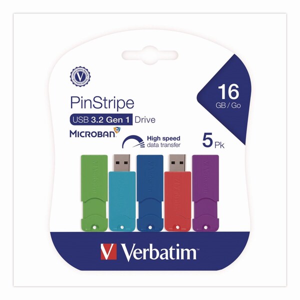 Verbatim PinStripe USB 3.0 Flash Drive, 16 GB, Assorted Colors, 5PK 70387 - main