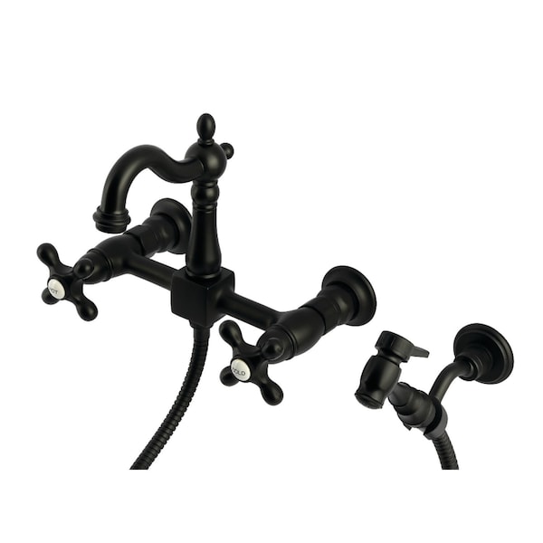 Kingston Brass Two-Handle Wall Mount Bridge Kitchen Faucet with Brass Sprayer, Matte Black KS2440AXBS - main