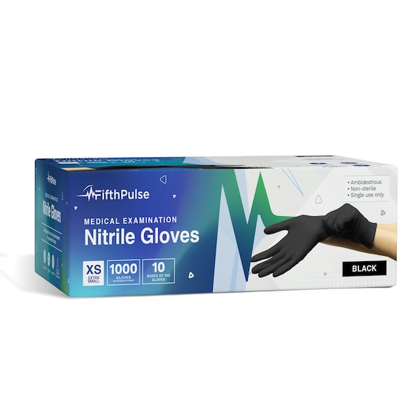 Fifthpulse Disposable Gloves, 3 mil Palm, Nitrile, Powder-Free, XS, 1000 PK, Black FMN100619 - main