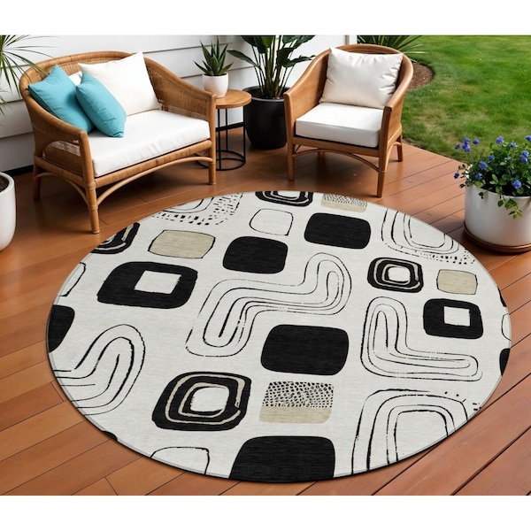 Homeroots 8' Ivory Black And Beige Round Geometric Washable Indoor Outdoor Area Rug 616816 - main