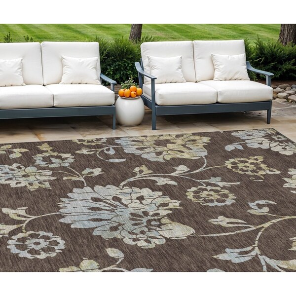Homeroots 9' X 12' Chocolate Sky Blue And Artichoke Green Floral Washable Indoor Outdoor Area Rug 589462 - main