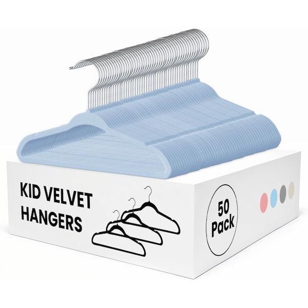 Simple Deluxe Kids Velvet Hangers, 11 Inch Durable Children Hangers for Closet, Blue, 50PK HKHANGVELVETKID50BLU - main