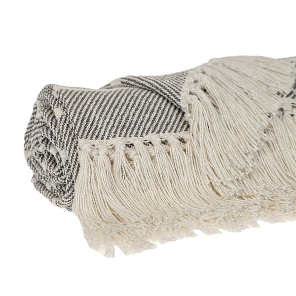 Homeroots Gray Woven Cotton Striped Throw Blanket 478682 - main