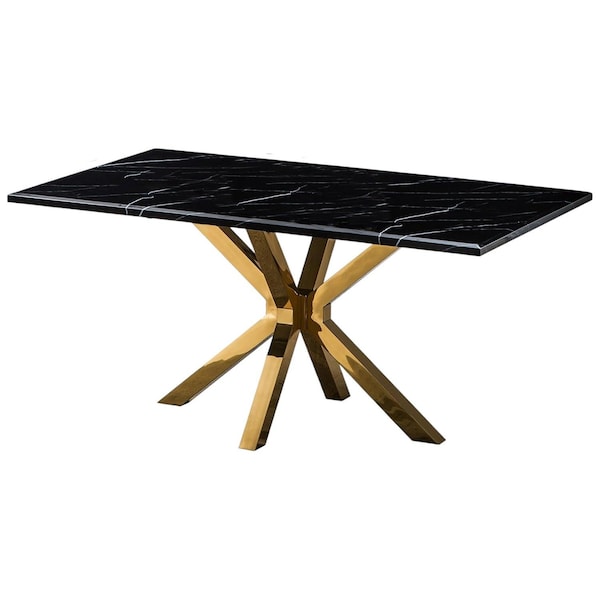 Homeroots 79" Black and Gold Marble and Metal Cross Leg Base Dining Table 602324 - main