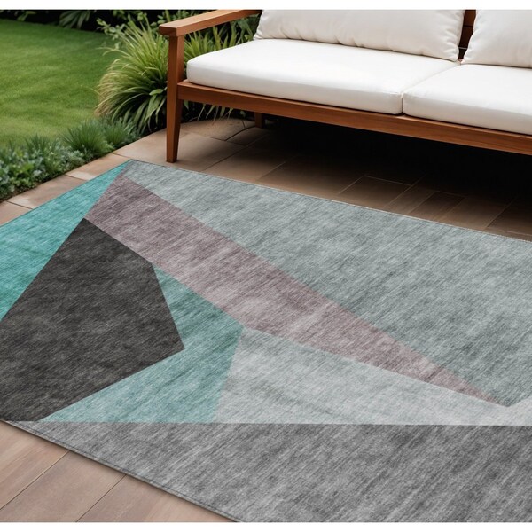 Homeroots 9' X 12' Teal Blue Aqua And Charcoal Abstract Washable Indoor Outdoor Area Rug 582894 - main