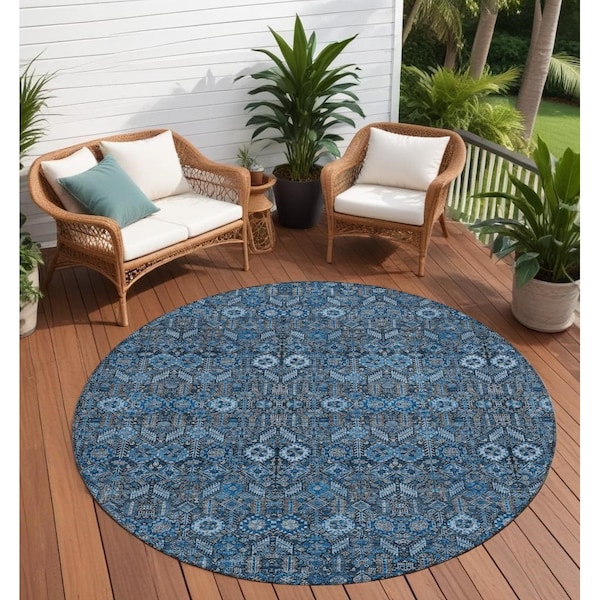 Homeroots 8' Round Blue and Black Round Floral Washable Non Skid Indoor Outdoor Area Rug 564307 - main