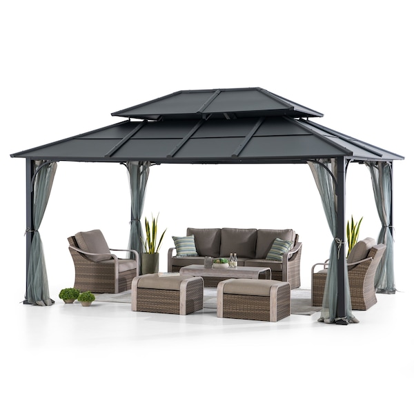 Sunjoy 12 ft. x 16 ft. Black and Grey Steel Gazebo with 2-tier Hip Roof Hardtop A102009141 - main