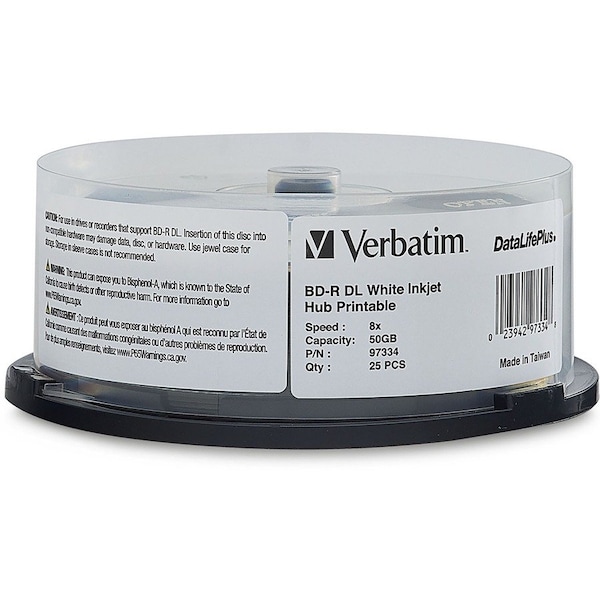 Verbatim BD-R DL 50GB 8X DataLifePlus White Inkjet Printable, Hub Printable - 25pk Spindle 97334 - main