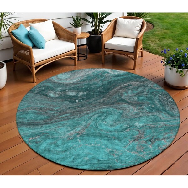 Homeroots 8' Teal Blue Aqua And Gray Round Abstract Washable Indoor Outdoor Area Rug 577843 - main
