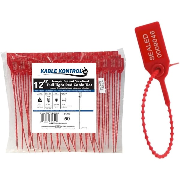 Kable Kontrol Pull Tight Cable Zip Tie Seals, Numbered Tamper Evident, 12in L, 50 Lbs Strength, 50Pcs, Red, 50PK CTPT-12-50-RD - main