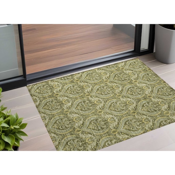 Homeroots 2' X 3' Green Damask Washable Non Skid Indoor Outdoor Area Rug 563880 - main