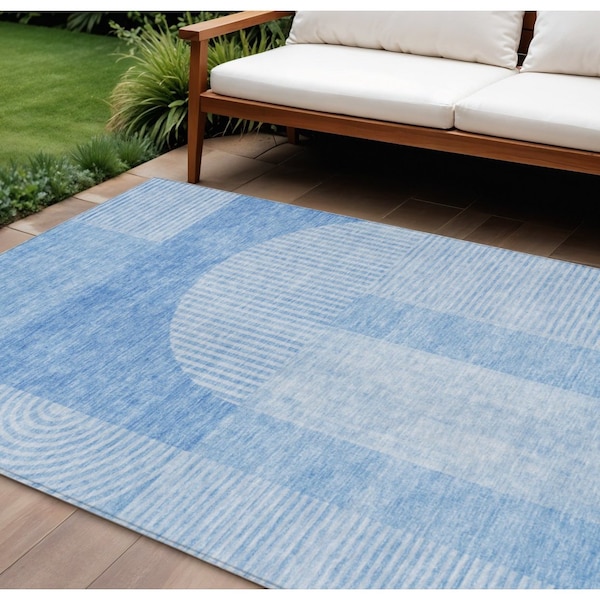 Homeroots 8' X 10' Sky Blue And Denim Blue Geometric Washable Indoor Outdoor Area Rug 582701 - main
