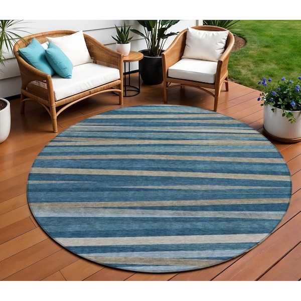 Homeroots 8' Denim Blue And Gray Round Striped Washable Indoor Outdoor Area Rug 597321 - main