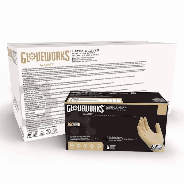 Gloveworks By Ammex Extra Thick Latex Disposable Gloves, Powder-Free, Medium, 6 mil Thick, 9.5" Long, Ivory, 1000PK ILHD44100 - main