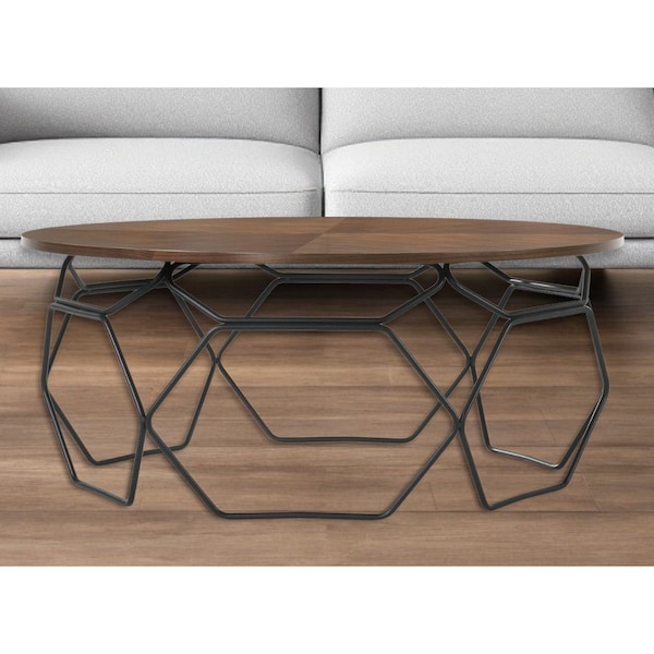 Homeroots 36" Brown And Black Solid Wood And Metal Round Coffee Table 520645 - main