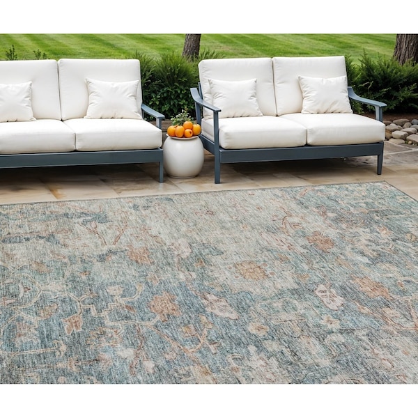 Homeroots 10' X 14' Green Blue And Gray Oriental Washable Indoor Outdoor Area Rug 587439 - main