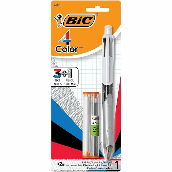 Bic 3 + 1 Retractable Ballpoint Pen/Pencil, Black/Blue/Red Ink, Gray/White Barrel MMLP1-AST - main