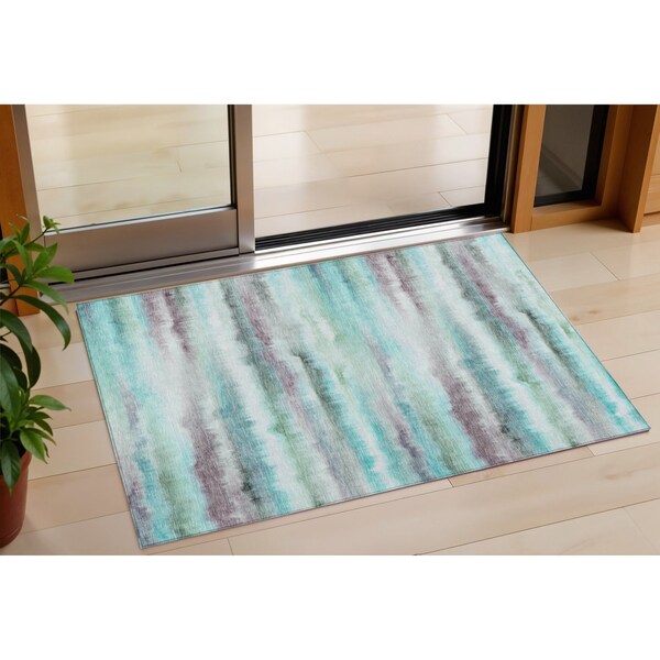 Homeroots 3' X 5' Teal Blue Plum And Ivory Striped Washable Indoor Outdoor Area Rug 631413 - main