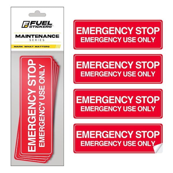 Fuel Stickers Emergency Stop Sticker, Powered Machinery and Equipment, Heavy-Duty, Indoor Outdoor, 6in x2in, 4PK 6X2STOP-4PK - main