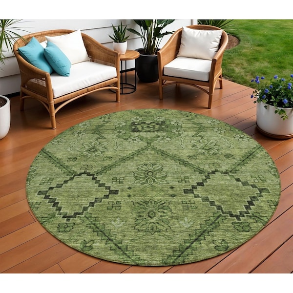 Homeroots 8' Olive Green Fern Green And Artichoke Green Round Floral Washable Indoor Outdoor Area Rug 588902 - main