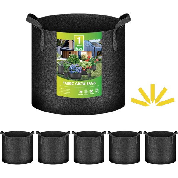 Ipower 1 Gallon Grow Bags Heavy Duty 300G Thickened Nonwoven Fabric Plant Pots, Black, 5PK GLGROWBAG1X5BLK - main